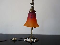 Foot Bronze Lamp, Old Tulip Glass Paste Signed Schneider