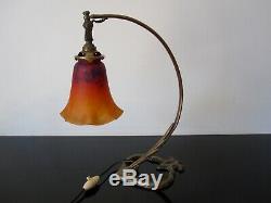 Foot Bronze Lamp, Old Tulip Glass Paste Signed Schneider