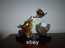 Former Bronze Lamp E. Guy Art Deco Birds Sculpture Old Lamp Bird Shade Floral