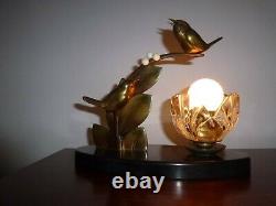 Former Bronze Lamp E. Guy Art Deco Birds Sculpture Old Lamp Bird Shade Floral