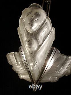 Francis Hubens Suspension Art Deco Bronze Nickelé & Glass Sabots Pressed