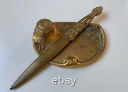 Frecourt desk set in bronze, Art Deco paper knife and inkwell