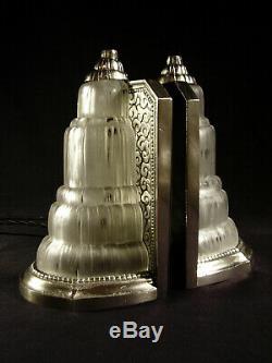 G. Leleu Bookends Pair Bright Art Deco Bronze And Glass Nickel Pressed