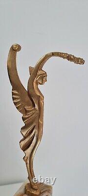 Golden Bronze Statue Sculpture on Marble Base in Art Deco Style Statuette.