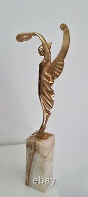 Golden Bronze Statue Sculpture on Marble Base in Art Deco Style Statuette.