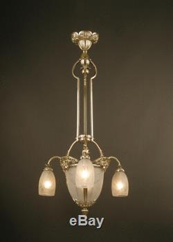 Grand Art Deco Chandeliers 1925 Old Silver And Bronze Frosted Glass Molded