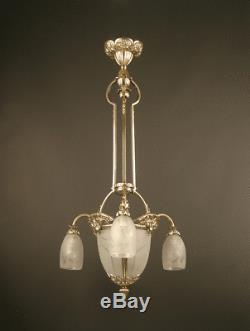 Grand Art Deco Chandeliers 1925 Old Silver And Bronze Frosted Glass Molded