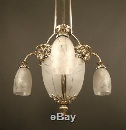 Grand Art Deco Chandeliers 1925 Old Silver And Bronze Frosted Glass Molded