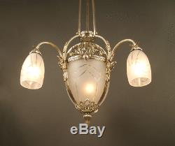 Grand Art Deco Chandeliers 1925 Old Silver And Bronze Frosted Glass Molded