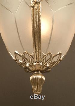 Grand Art Deco Chandeliers 1925 Old Silver And Bronze Frosted Glass Molded