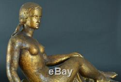 Great Art Deco Sculpture Signed Joseph Andrau Toulouse Naked Sitting Pat. Gilt Bronze