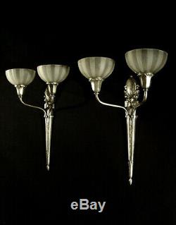 Great Pair Dappliques Art Deco Bronze And Nickel Cups Engraved Glass