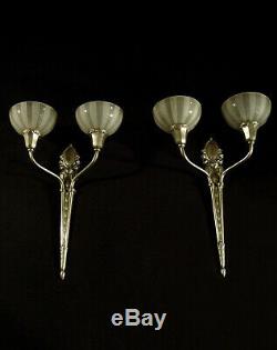 Great Pair Dappliques Art Deco Bronze And Nickel Cups Engraved Glass