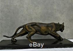 Great Panther Sculpture Art Deco Regulates Patina Bronze And Marble Base