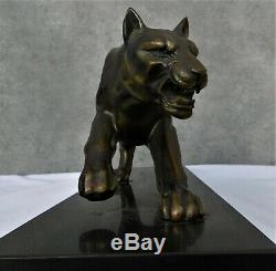 Great Panther Sculpture Art Deco Regulates Patina Bronze And Marble Base