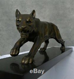 Great Panther Sculpture Art Deco Regulates Patina Bronze And Marble Base