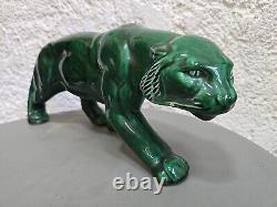 Green Ceramic Art Deco Panther Lion St. Clément Animal Statue Bronze