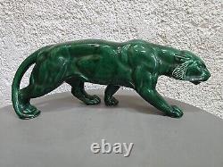 Green Ceramic Art Deco Panther Lion St. Clément Animal Statue Bronze