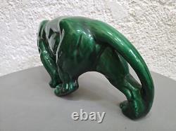 Green Ceramic Art Deco Panther Lion St. Clément Animal Statue Bronze