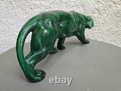 Green Ceramic Art Deco Panther Lion St. Clément Animal Statue Bronze