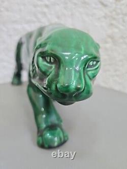Green Ceramic Art Deco Panther Lion St. Clément Animal Statue Bronze