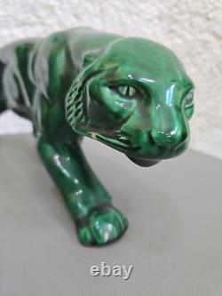 Green Ceramic Art Deco Panther Lion St. Clément Animal Statue Bronze