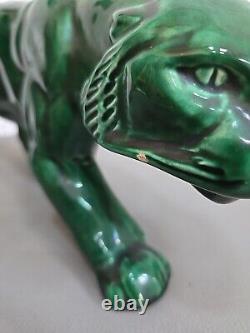 Green Ceramic Art Deco Panther Lion St. Clément Animal Statue Bronze