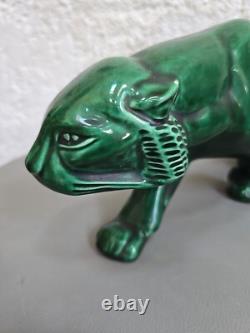 Green Ceramic Art Deco Panther Lion St. Clément Animal Statue Bronze