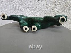 Green Ceramic Art Deco Panther Lion St. Clément Animal Statue Bronze