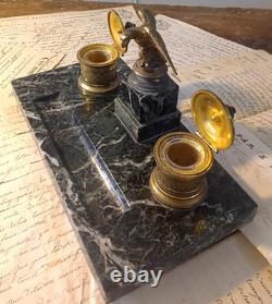 Green Marble and Gilded Bronze Inkwell in Empire Style from the Early 20th Century with its Ink Pots