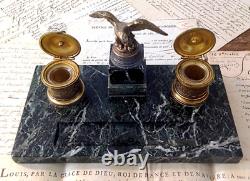 Green Marble and Gilded Bronze Inkwell in Empire Style from the Early 20th Century with its Ink Pots