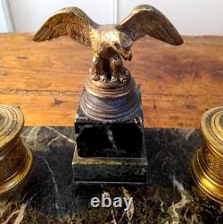 Green Marble and Gilded Bronze Inkwell in Empire Style from the Early 20th Century with its Ink Pots