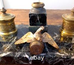 Green Marble and Gilded Bronze Inkwell in Empire Style from the Early 20th Century with its Ink Pots