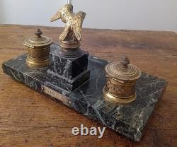 Green Marble and Gilded Bronze Inkwell in Empire Style from the Early 20th Century with its Ink Pots
