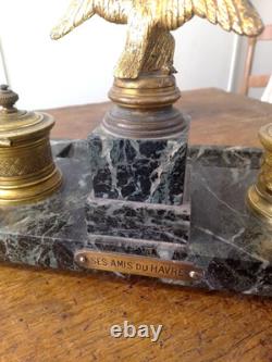 Green Marble and Gilded Bronze Inkwell in Empire Style from the Early 20th Century with its Ink Pots