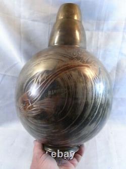 H Grunne Ancienne Rare Grand Vase Ovoide Dinanderie Art Deco Bronze Poisson Design