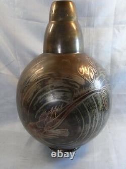 H Grunne Ancienne Rare Grand Vase Ovoide Dinanderie Art Deco Bronze Poisson Design