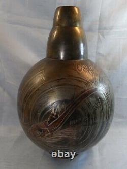 H Grunne Ancienne Rare Grand Vase Ovoide Dinanderie Art Deco Bronze Poisson Design