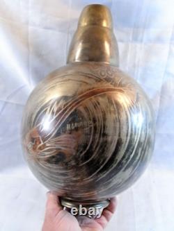 H. Grunne Rare Large Ovoid Dinanderie Art Deco Bronze Vase with Fish Design