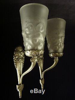 H. Mouynet Pair Dappliques Bronze Nickel And Tulips Pressed Glass 1930