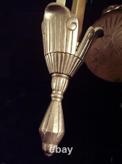 H. Petitot & Muller Brothers Art Deco Chandelier in Bronze and Pressed Glass Globes