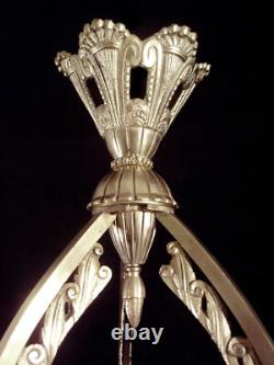 H. Petitot & Muller Brothers Art Deco Chandelier in Bronze and Pressed Glass Globes