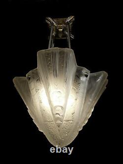 H. Petitot - Muller Brothers Suspension Art Deco Bronze Chromé - Pressed Glass Obus