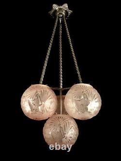 H. Petitot & Muller Suspension Art Deco Bronze Nickelé & Globes Glass Pressed