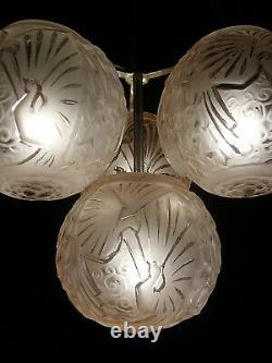H. Petitot & Muller Suspension Art Deco Bronze Nickelé & Globes Glass Pressed