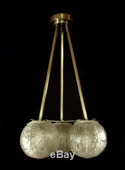 H. Petitot Suspension Art Deco Bronze And Glass Globes Pressed Muller 1930