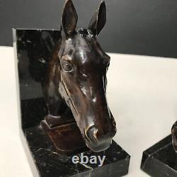 HORSE BOOKENDS bronze ART DECO signed Max LE VERRIER Portor marble, vintage