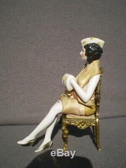 Half Figurine Sitzendorf Art Deco Bronze Chair Half Doll Porcelain Sculpture