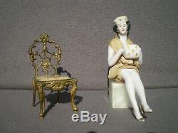 Half Figurine Sitzendorf Art Deco Bronze Chair Half Doll Porcelain Sculpture