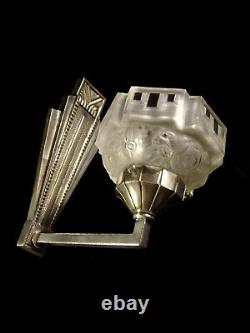 Hanots Applique Art Deco Bronze Nickelé & Coupelle En Verre Presse 1930